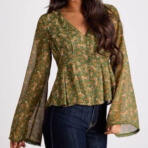 Lulus Merryn Olive Green Floral Button-front Pleated Long Sleeve Top - Size M